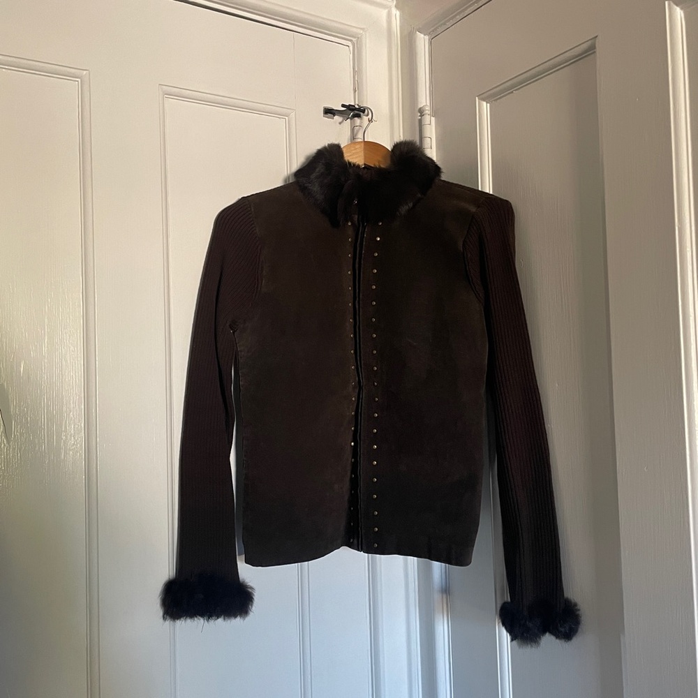 VINTAGE Willi Smith Studded Fur Trim Leather Jacket